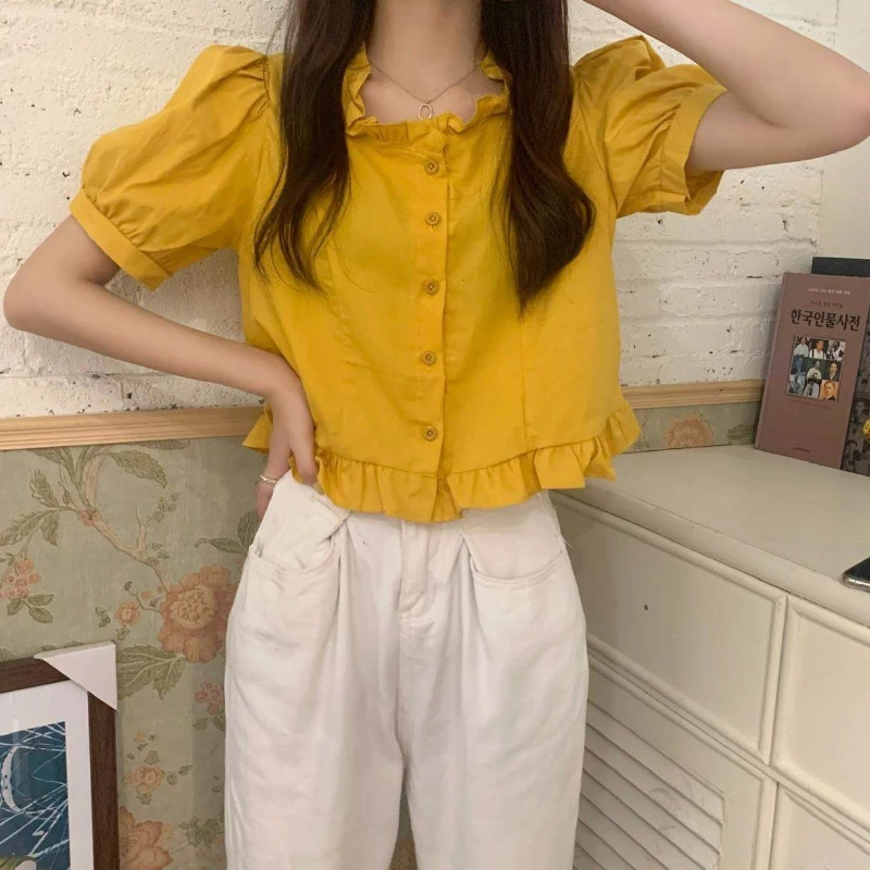 Shirt Women Design Ruffles Summer Short Sleeves Harajuku Casual Single Breasted All Match Simple Ulzzang Young Solid Retro Soft