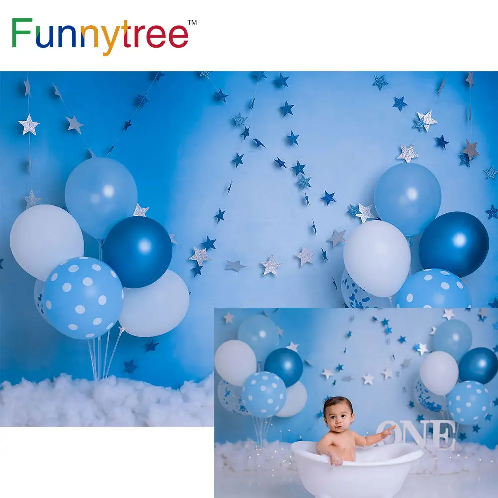 Funnytree Birthday Background for Boy Blue Star Decoration Cake Smash Balloon Kids Backdrop Photography Vinyl Photo Studio Props