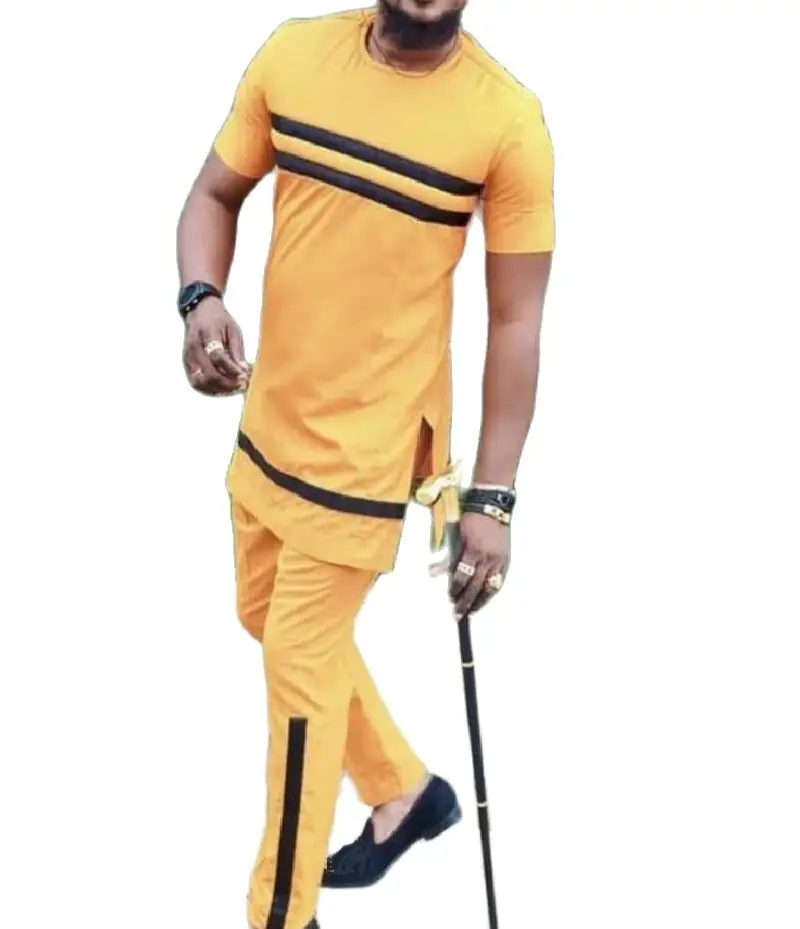 O-collo uomo tuorlo giallo camicie patchwork e pantaloni solidi abiti da sposo da uomo di moda africana su misura abiti da festa di nozze