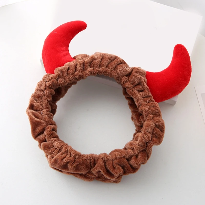 Plush Red Ox Devil Demon Horns Headband Makeup Shower Wash Face Sport Velvet Hair Band Funny Festival Party Bandana