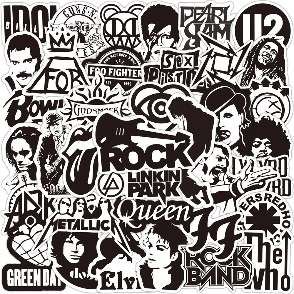 10/30/50PCS Black and White Rock Band Graffiti Waterproof Sticker Suitcase Notebook RefrigeratorSkateboardStationeryBoxWholesale