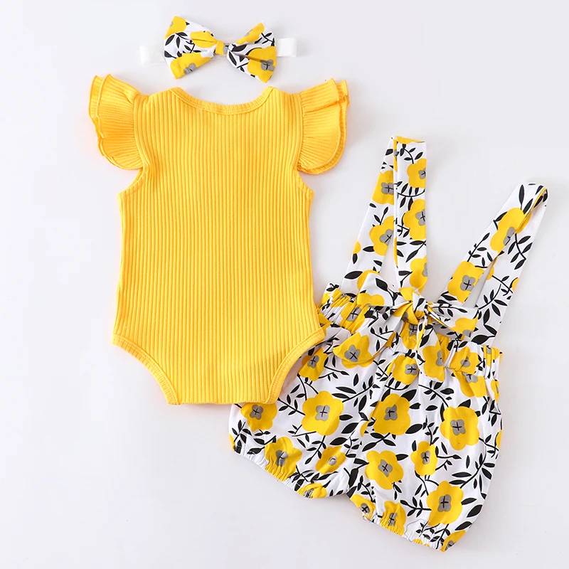 Newborn Baby Girl Summer Clothes Set Fashion Infant Knitting Cotton Ruffles Romper Shorts Bow Headband 3Pcs For Toddler Outfits