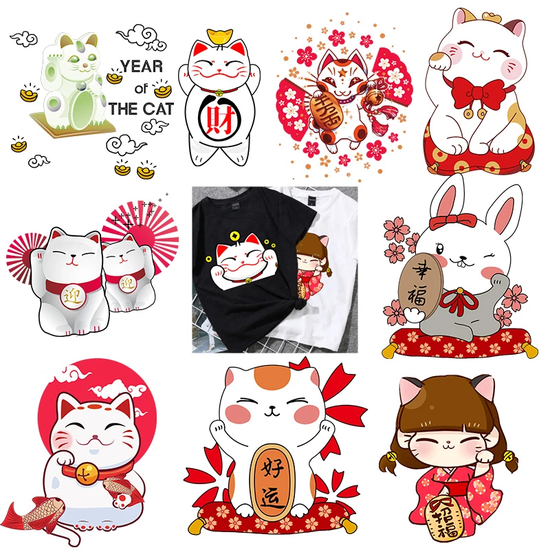 Kawaii Lucky Cat Series Stickers Iron On Transfers Vinyl Heat Transfer Ironing Stickers T-shirt Thermal Patches For Clothing