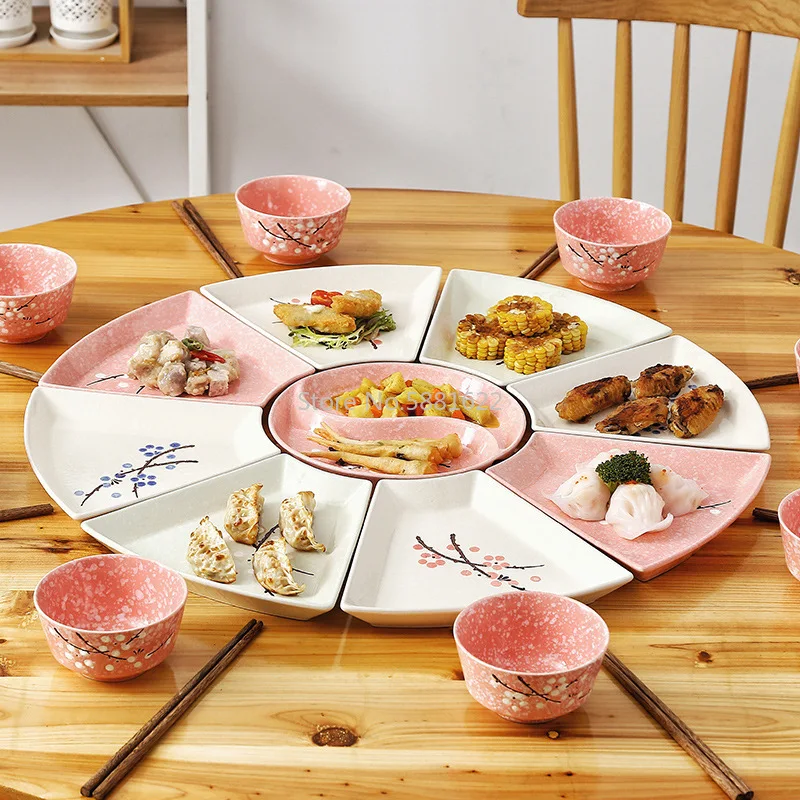 JapaneseStyle Handpainted Creative Style Ceramic Large Platter Tableware Hot Pot Fan-shaped Plate Bowl Household Combination Set