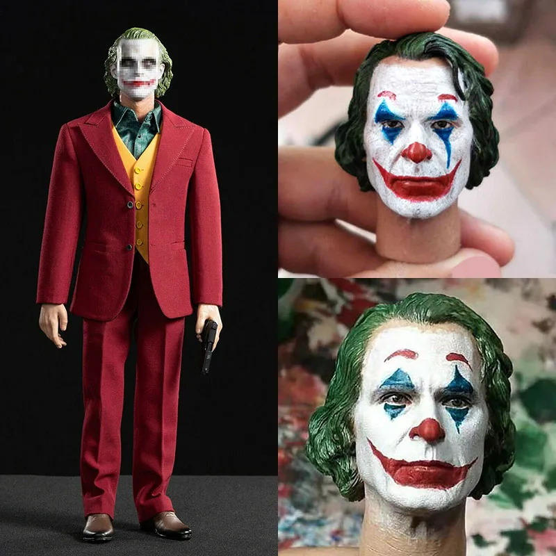 

1/6 Joaquin Phoenix Head Sculpt Red Suit Set PVC Makeup Male Clown Head Carving Fit 12'' Action Figure Body