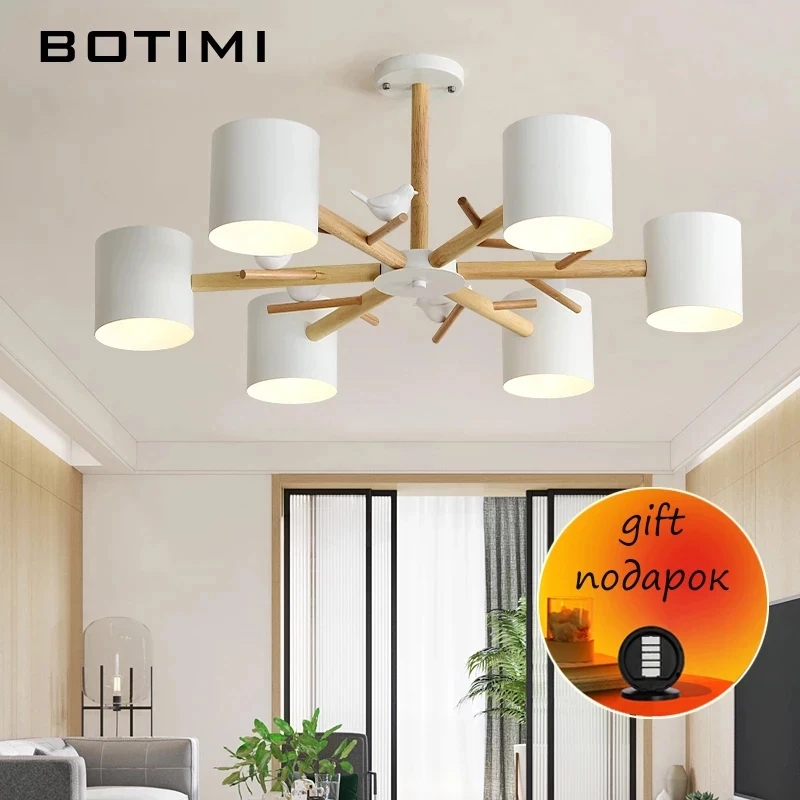 BOTIMI Nordic 220V Birds Chandelier With Metal Lampshade For Living Room Modern Wooden Bedroom Chandeliers