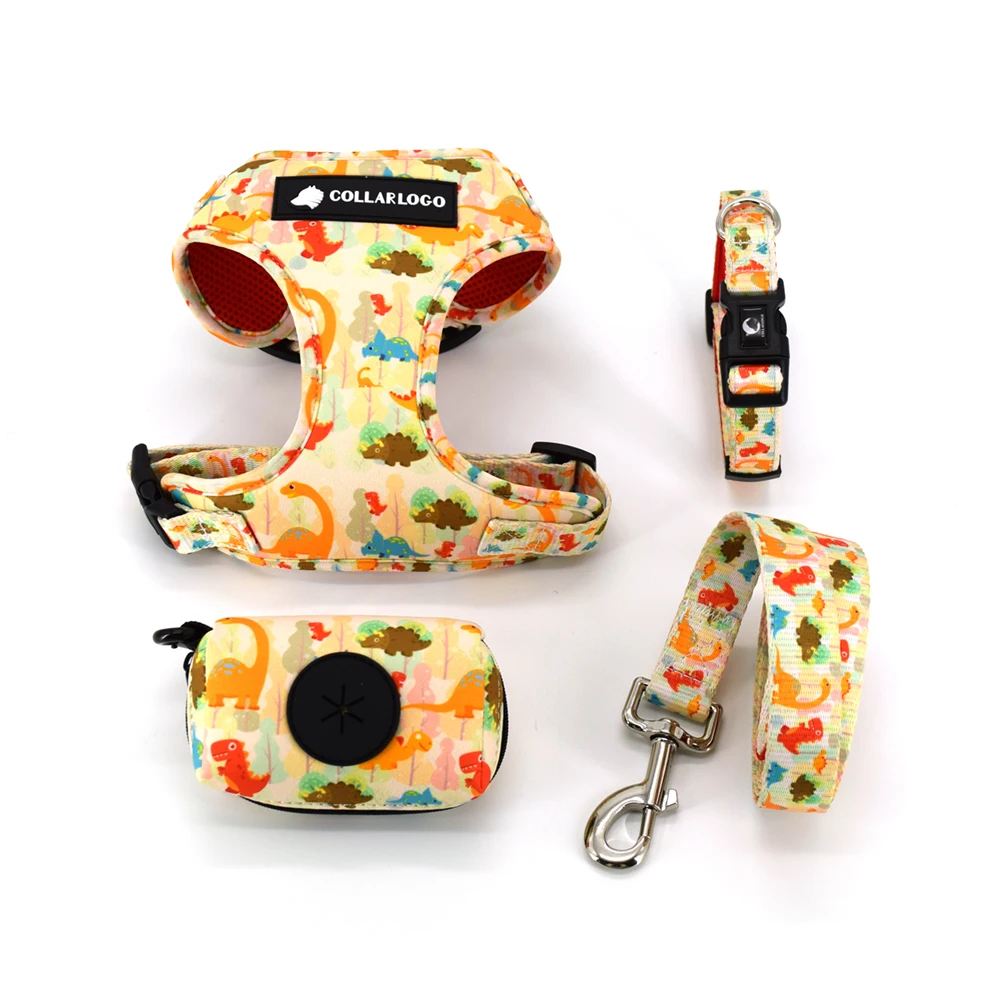 Adjustable Pet Dog Collar Durable Soft Cute Creative Colored Dinosaur Design Leash Neoprene Harness Poop Bag Dispenser