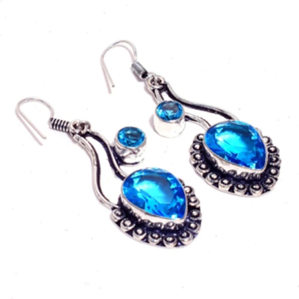 Genuine Blue Topaz , Silver Overlay on Copper Earrings , Hand made Women Jewelry Gift