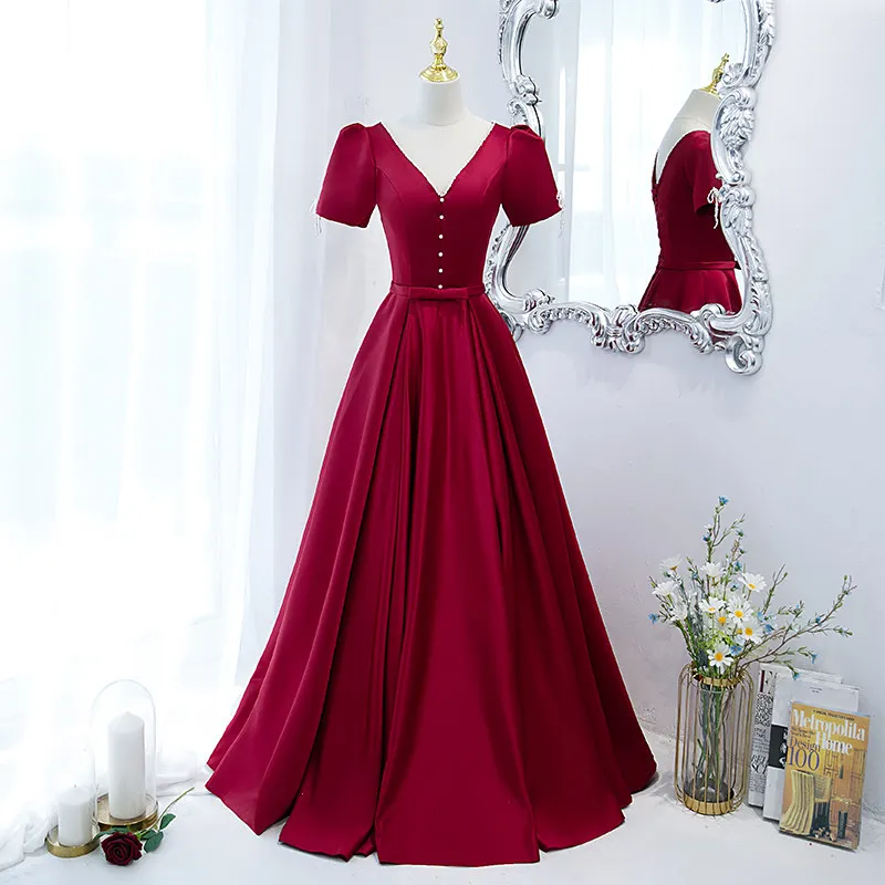 

New V-Neck Short Sleeve Evening Dress Fashion Empire Floor-Length Lace Up A-Line Burgundy Satin Party Formal Dresses Woman B1406