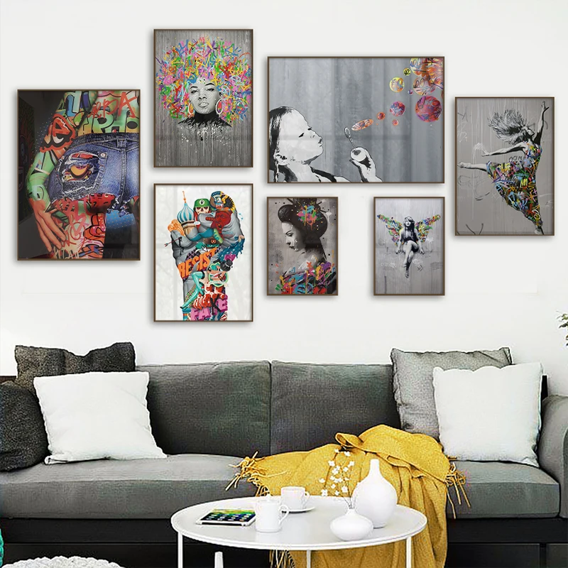 Abstract Street Graffiti Sexy Dancing Woman Bubbles Fist Posters And Prints Canvas Painting Wall Art Pictures Home Decoration