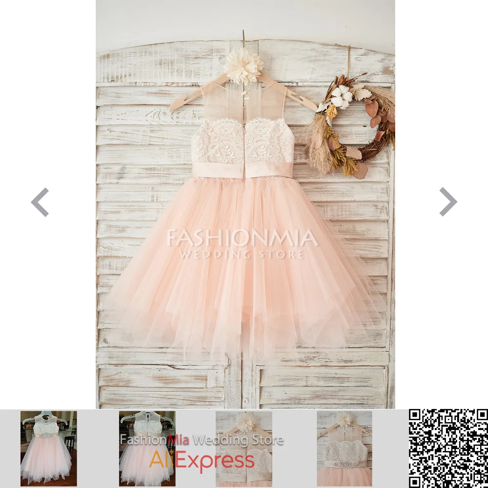 FashionMia Boho Pink Sleeveless Tulle and Lace Cute Short Kid Flower Girl Dress with Sash for Wedding Children Ball Gown