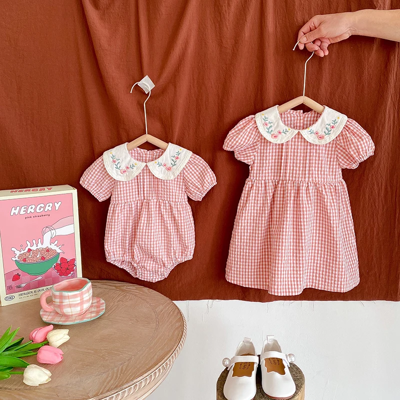 Kleinkind Baby Mädchen Grid Stickerei Kleider Sommer Mädchen Baby Romper Kleinkinder Baumwolle Kurzarm einteiliges Strampler – Detail 3