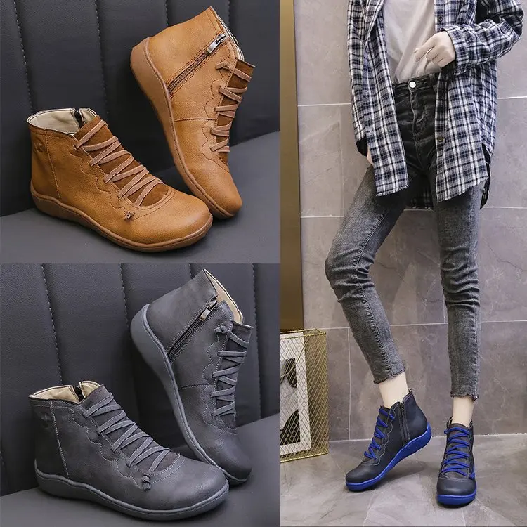 Stivaletti da donna in pelle PU donna autunno inverno Cross Strappy Vintage donna stivali Punk scarpe basse da donna donna Botas Mujer202