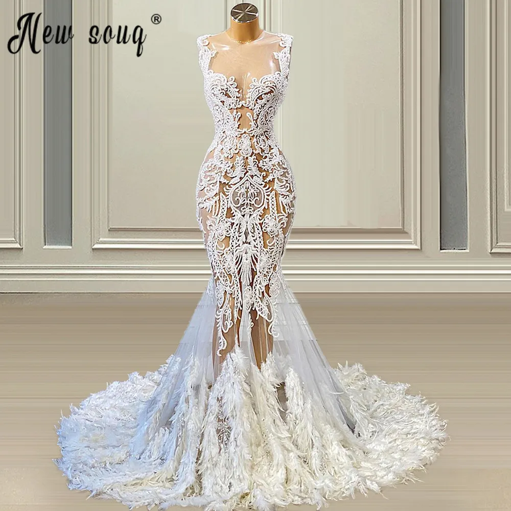 Sexy Luxury Illusion Backless koronkowe suknie ślubne syrenka z piórami 2021 elegancka suknia ślubna vestidos de noiva de fiesta