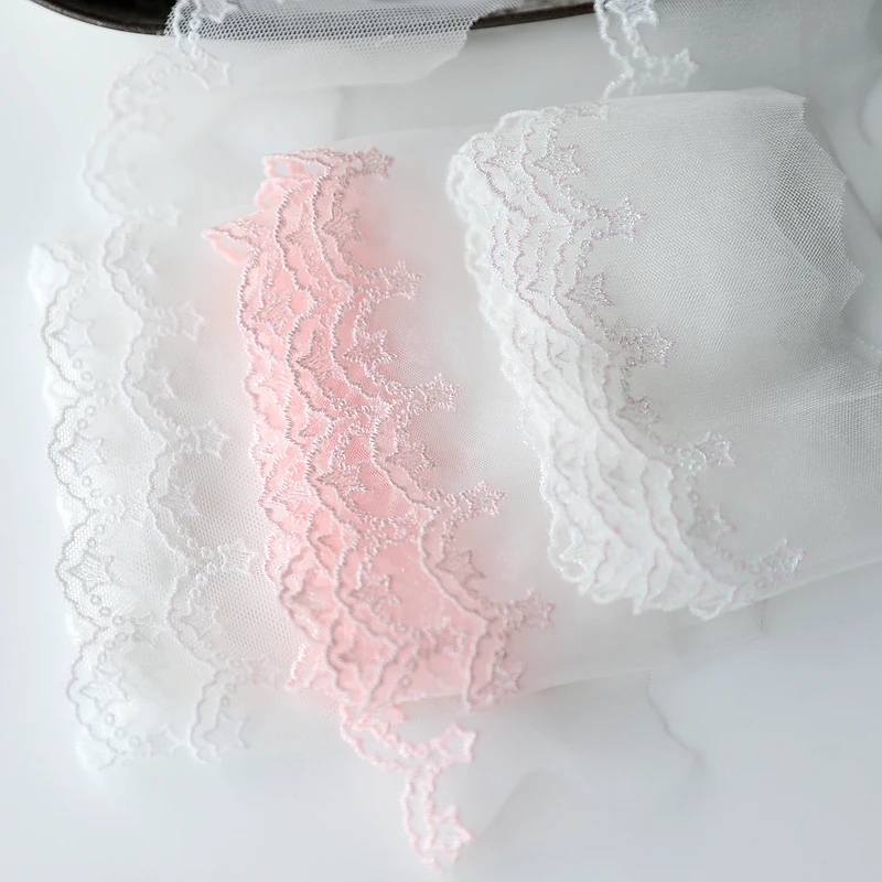 3M/lot 6cm wide pink colored thread/white embroidery lace mesh star decoration material X651