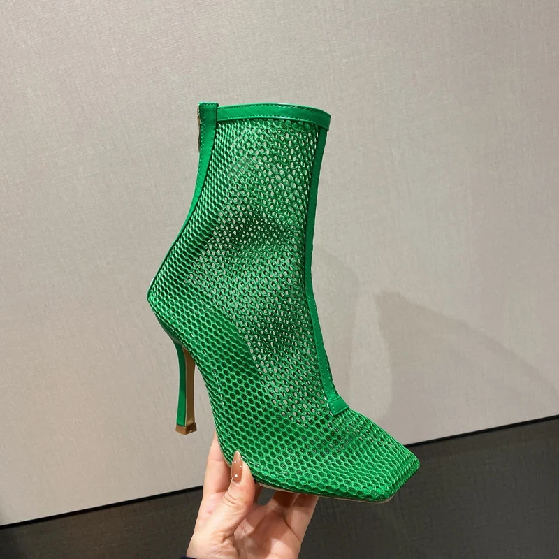 White High Heels Sexy Mesh Square Toe Hollow Out Back Zipper High-Top Summer Boots 10cm Green Fashion Show Women Shoes