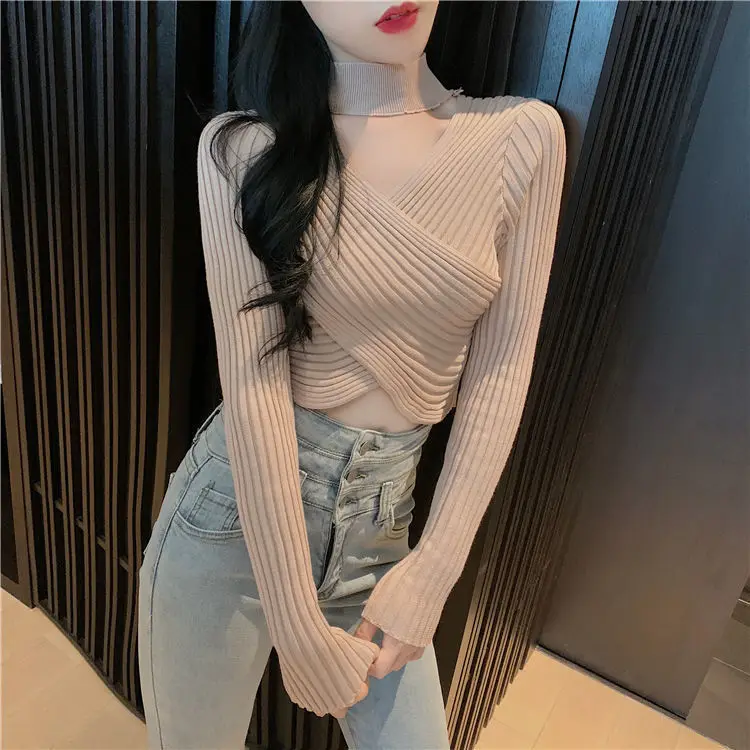 

Autumn Sexy V-neck Halter Tops Cross Short Sweater Woman Sweaters Femme Chandails Pull Hiver