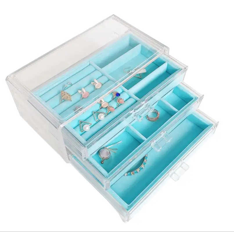 Jewelry Boxes for Women with 3 Drawers, Velvet Jewelry Organizer for Earring Bangle Bracelet Necklace and Rings Storage & Blue