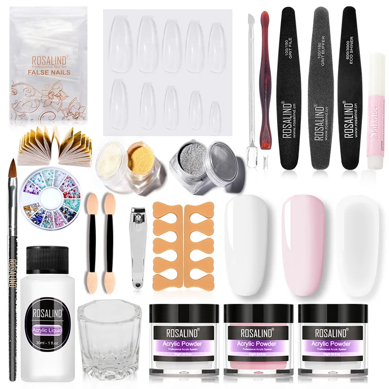 ROSALIND krystaliczny proszek zestaw żelowy przedłużenie paznokci Builder Tools Brush Manicure płynny zestaw do paznokci zanurzenie Carve Flower proszek akrylowy