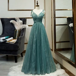 Crystal Prom Dresses Long Straps Spaghetti Tulle Evening Gown Slit Right sweet green formal evening dresses gown