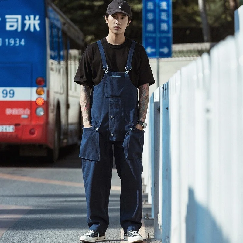 

Hip Fashion Hop Men Baggy Overalls Loose Fit Pockets Cargo Pants Suspenders Jumpsuit Man Harajuku Casual Rompers Streetwear