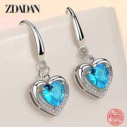 ZDADAN 925 Sterling Silver Heart Shaped Zircon Dangle Earrings For Women Fashion Jewelry Party Gift