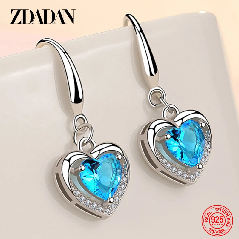 ZDADAN 925 Sterling Silver Heart Shaped Zircon Dangle Earrings Dla kobiet Biżuteria modowa Prezent na imprezę