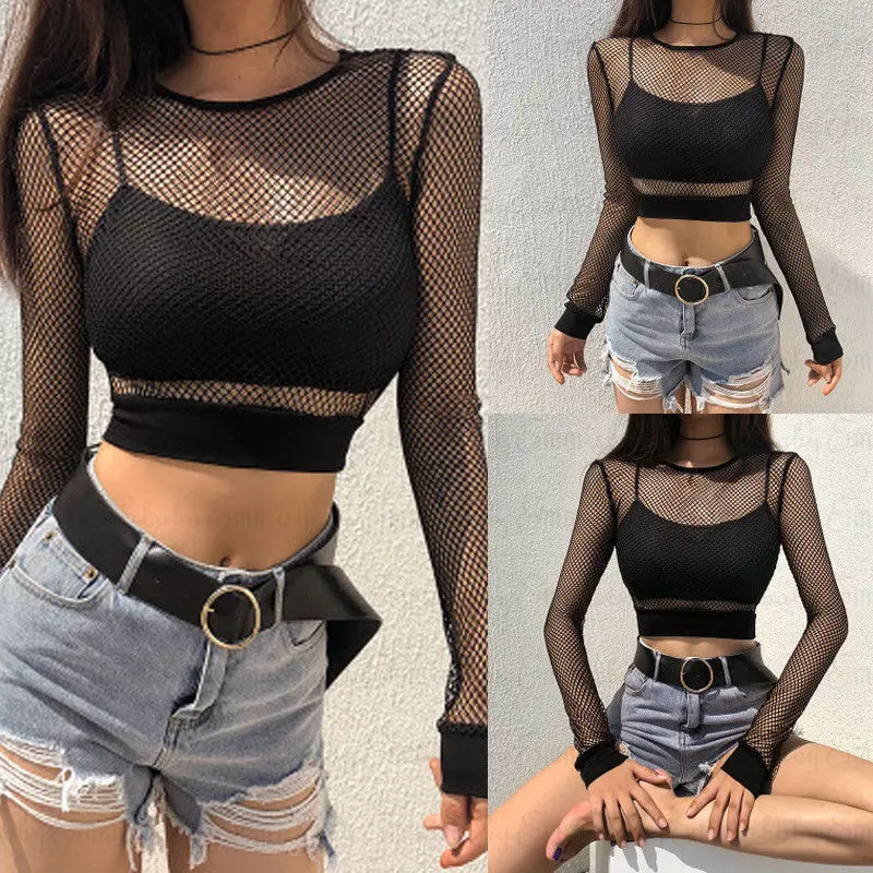 Sexy Black Hollow Out Mesh Female Skinny Crop Top New Fashion Summer Basic Tops For Women Fishnet Shirt