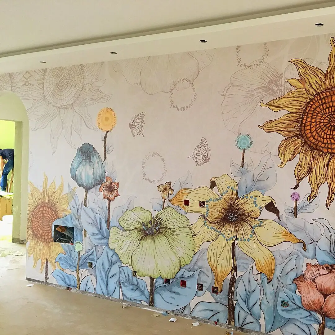 

Custom European simple flower wallpaper mural sofa living room TV background sunflower photo wall paper wall covering