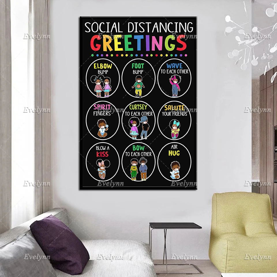 Social Distancing Greetings Poster,Young Black Girls Canvas,Young Black Boys Wall Decor, Classroom Home Decor,Teacher Prints