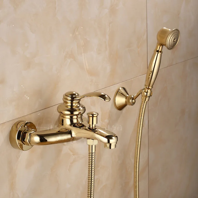 Bathroom Shower Faucet Set Hot & Cold Gold Solid Antique Brass Bathtub Faucet Mixer Tap Wall Mounted Single Handle Ceramic Base