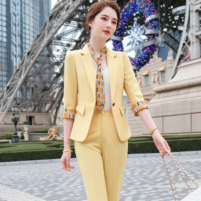 Naviu New Fashion Summer Temperament Slim Suits Women Business Formal Half Sleeve Blazer And Pants Office Ladies Work Wear