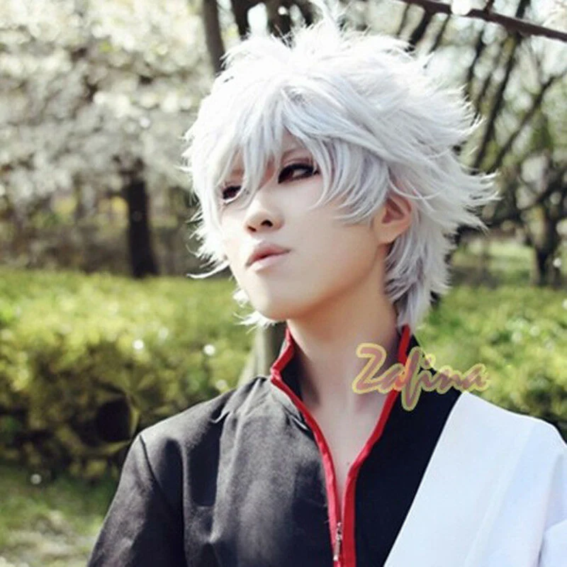 Anime Gintama Cosplay Wig Silver Soul Sakata Gintoki Short Silver White Hair Cosplay Wig + Wig Cap