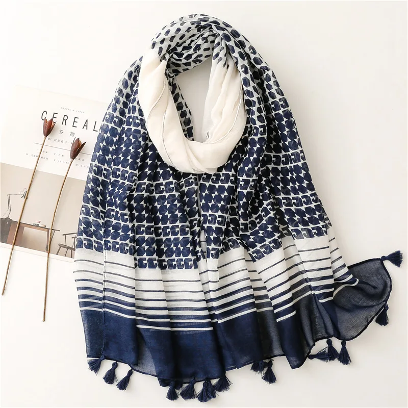 

2022 Spring Autumn Fashion Luxury Brand Navy Blue Dot Viscose Shawl Scarf Women High Quality Print Hijabs and Wraps Muslim Sjaal