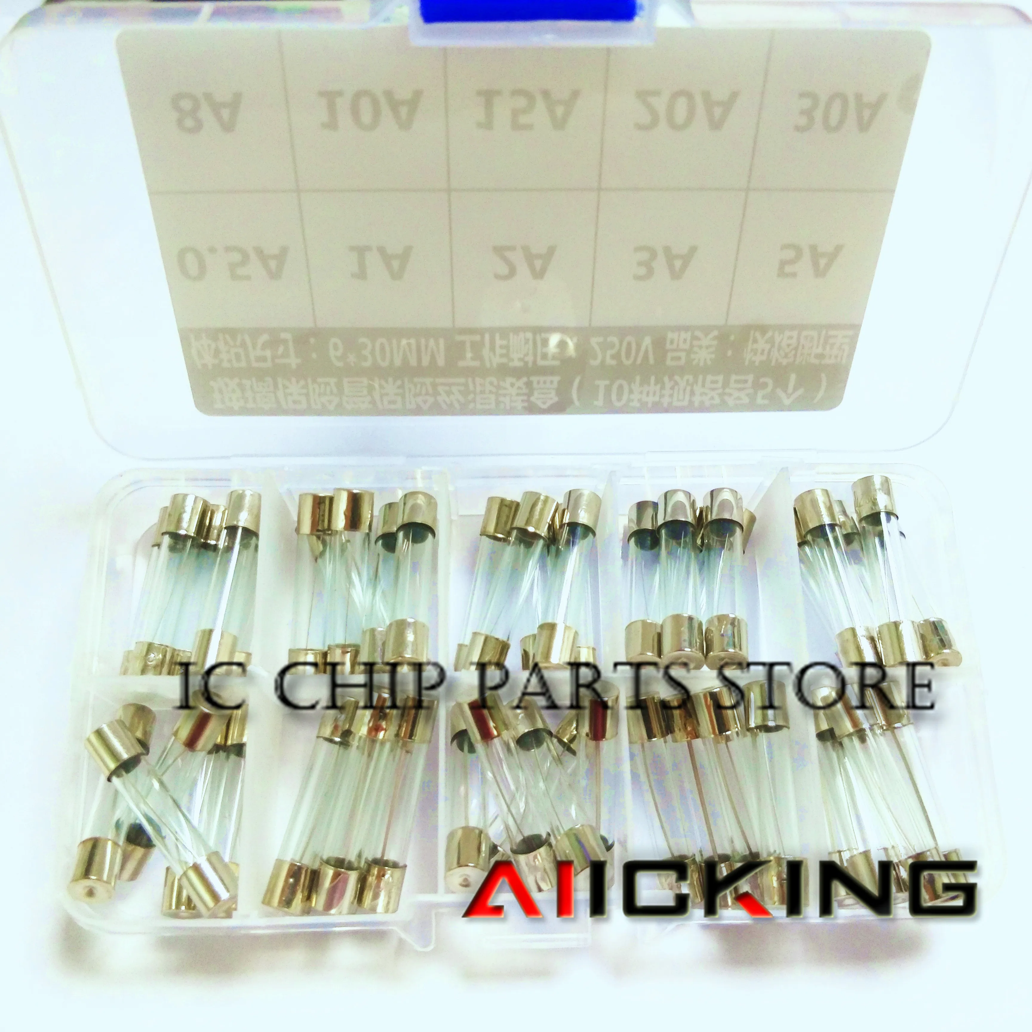 50PCS 6x30mm 250V glass tube fuse mixed set 0.5A 1A 2A 3A 5A 8A 10A 15A 20A 30A / 10*5pcs fuse mixed classification packaging