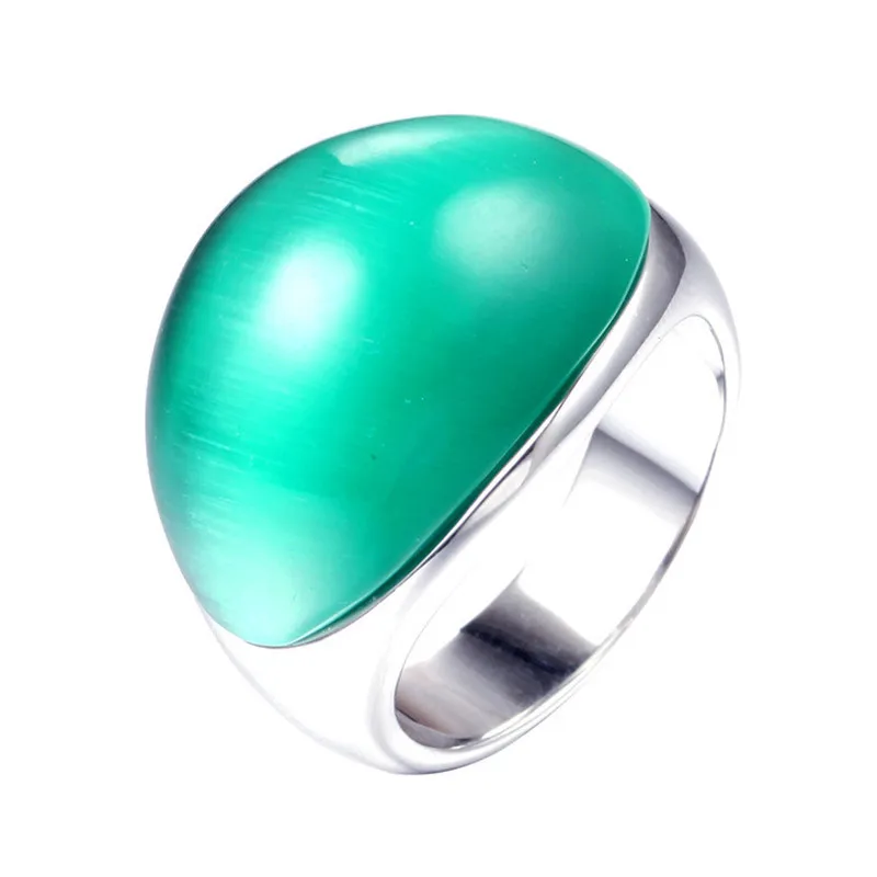Big Green Opal Cat\'s Eyes Gemstones Rings for Men Women Stainless Steel Unique Fashion Bands Accessories Sizes 7,8,9,10,11,12