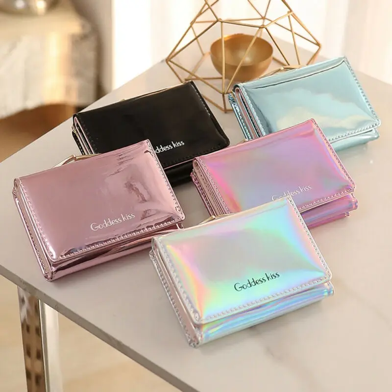 

2021 Newest Hot Women Short Small Coin Purse Wallet Ladies Leather Folding Card Card Holder Laser Colorful Coin Purses