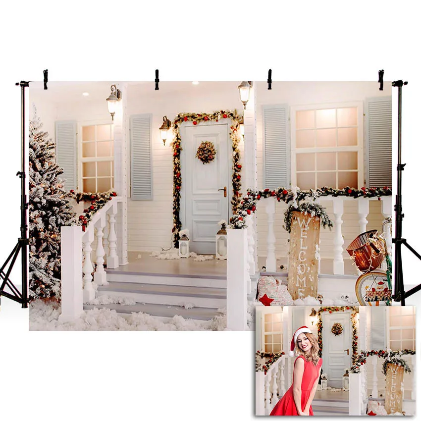 Mehofond Christmas Backdrop Winter Night Outdoor White House Snow Welcome Decorations Photography Background Photophone Studio