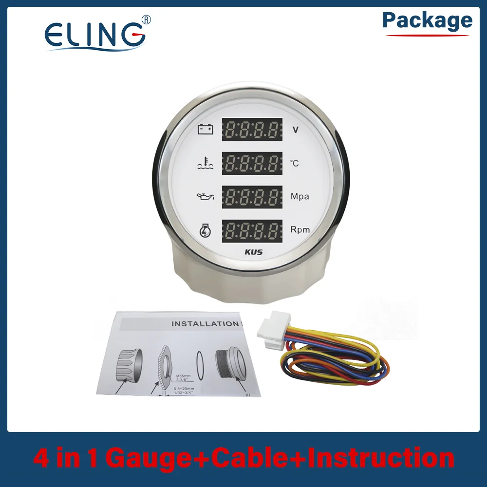 KUS 85 مللي متر مقياس سرعة الدوران 8000 دورة في الدقيقة درجة حرارة الماء الرقمي 25-120 ℃ مقياس الفولتميتر لضغط الزيت 0-1Mpa مع إضاءة خلفية حمراء 12 فولت 24 فولت للقوارب التلقائية #6