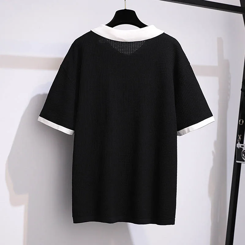 170Kg Plus Size Women\'s Summer Lapel Knit Cardigan Top Bust 160cm 5XL 6XL 7XL 8XL 9XL 10XL Loose Short Sleeve Pocket T-Shirt