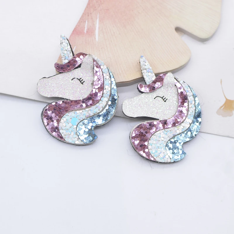 10Pcs Padded Glitter Leather Kawaii Unicorn Patches for Crafts Clothes Decor Appliques DIY Headwear Hair Clips Bow Accessories