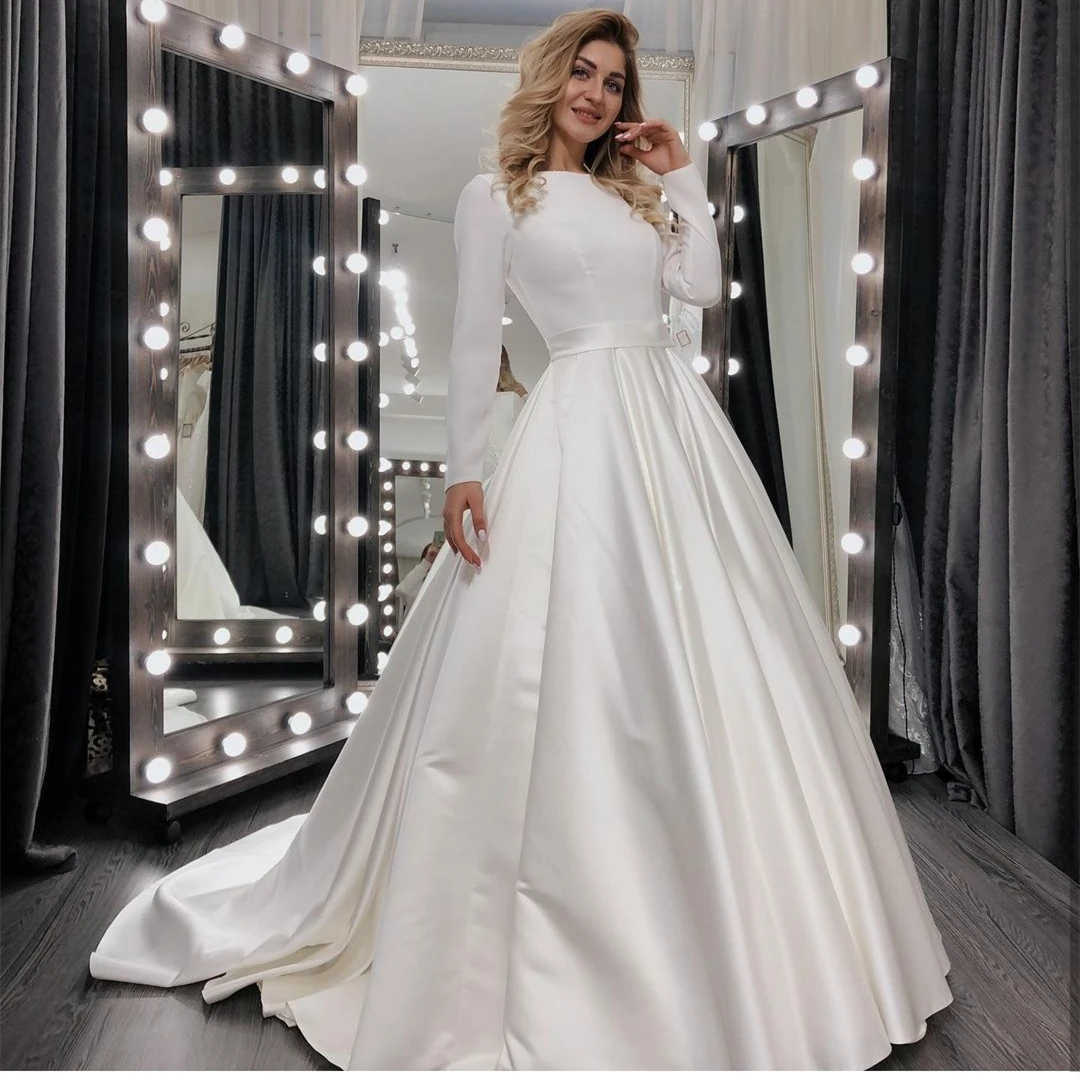 LSYX Vintage Wedding Dress new Ball Gown long Sleeve Satin Sweep Train Zipper Cheap Robe De Mariee O-Neck With Belt For Lady