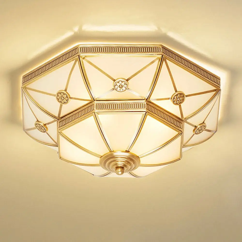 Pure Copper Ceiling Light Luxury Octagon Glass Chandelier for Living Room Bedroom Study Corridor Hallway Kitchen Entrance Foyer