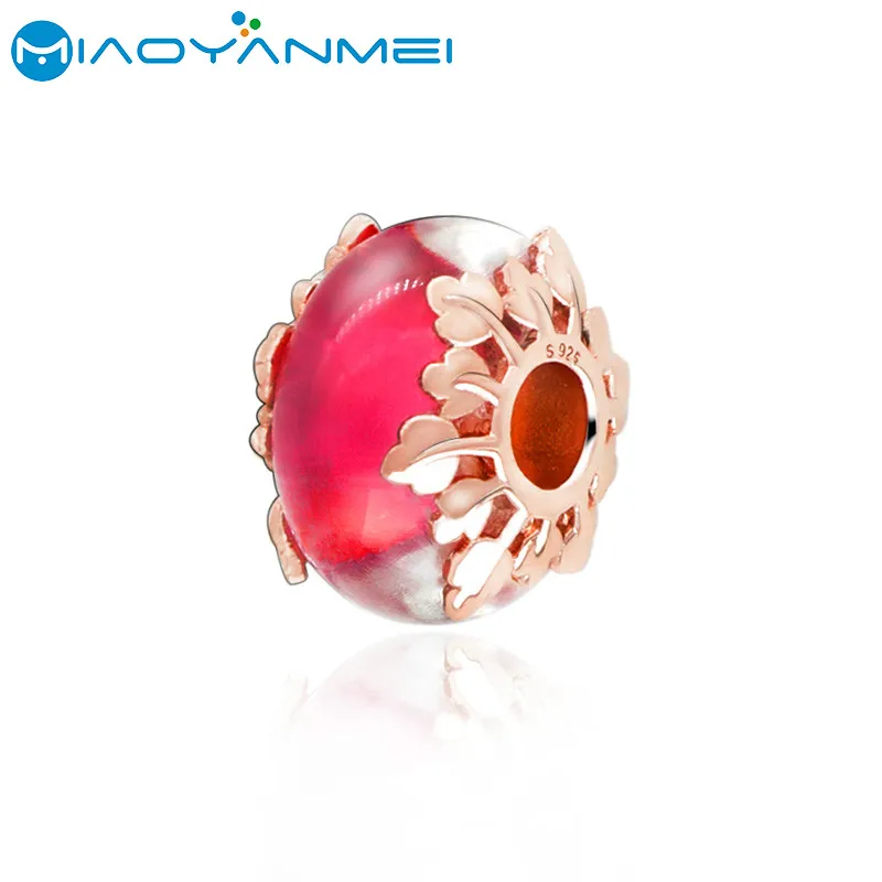 

925 Sterling Silver Beads Fit Original Pandora Bracelets Pink Murano Glass & Leaves Charm DIY Women Fashion Jewelry Gift