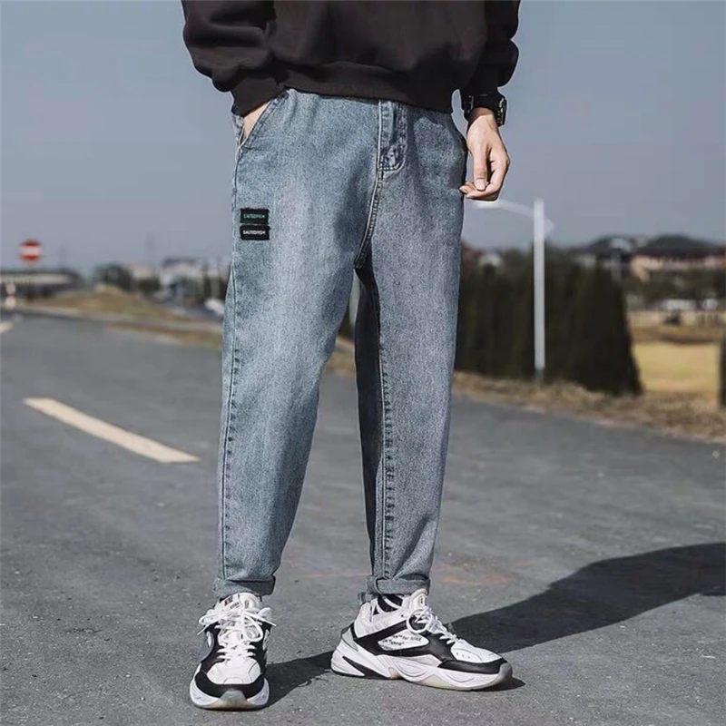 New Korean Straight Jeans for Men Trendy Blue Washed Pants Outdoor Fashion Streetwear Male Loose Trousers Jeans Homme 2021