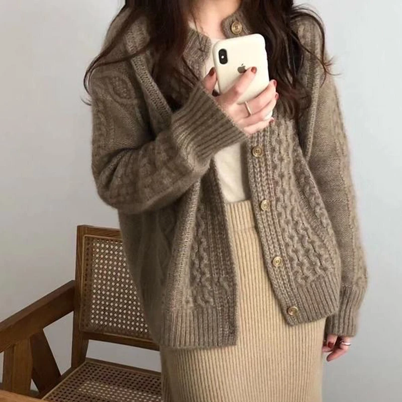 Fall Winter New Style 100% Cashmere And Wool Sweater Cardigan Women Loose Lazy O-Neck Twist Cardigans Soft Knitted Jacket