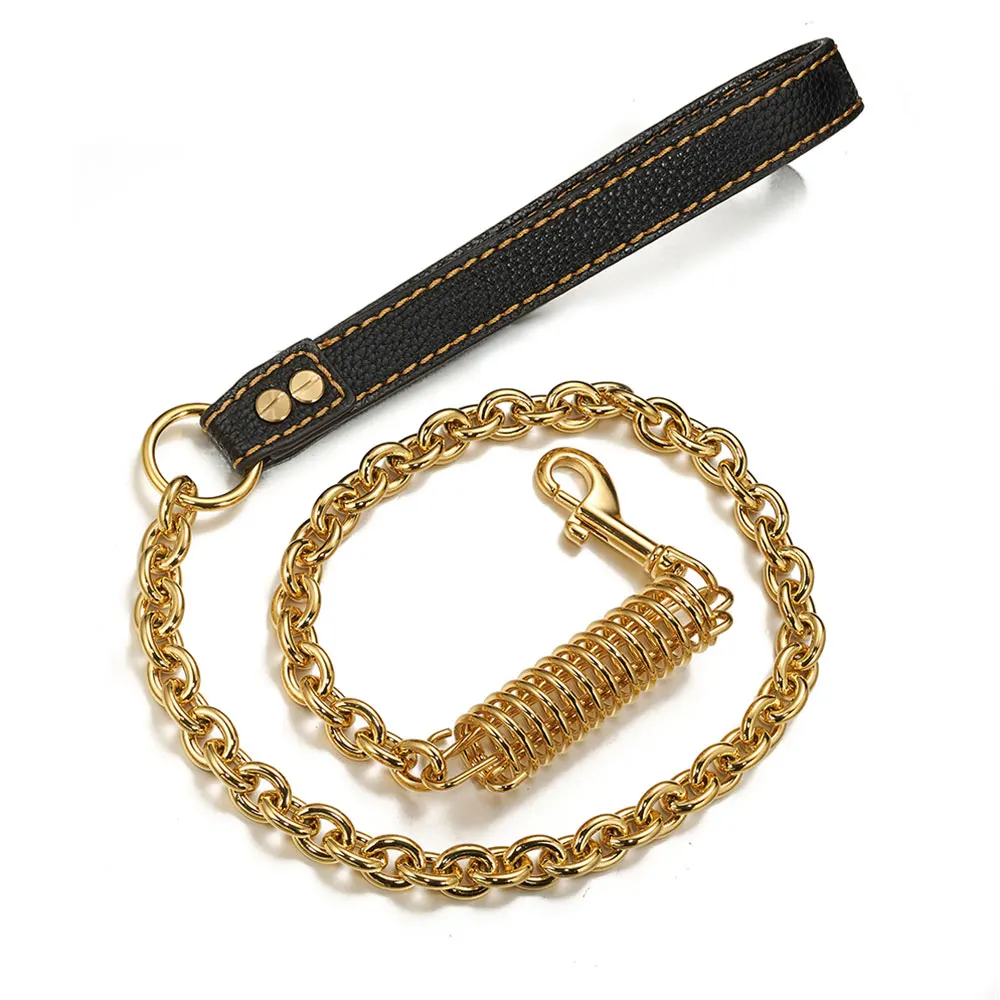 

New Dog Chain Leash Heavy Duty 18K Gold 15mm Dog harness Chain Labor-Saving Spring with Leather Handle for Medium Large Dogs