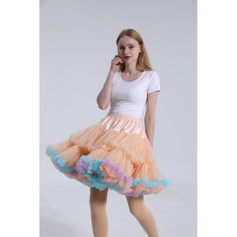 55cm Lolita Candy Colored Cloud Puffy Tutu Skirt Elastic Waist Fancy Rainbow Tulle Underskirt Boneless Bubble Petticoat Fluffy