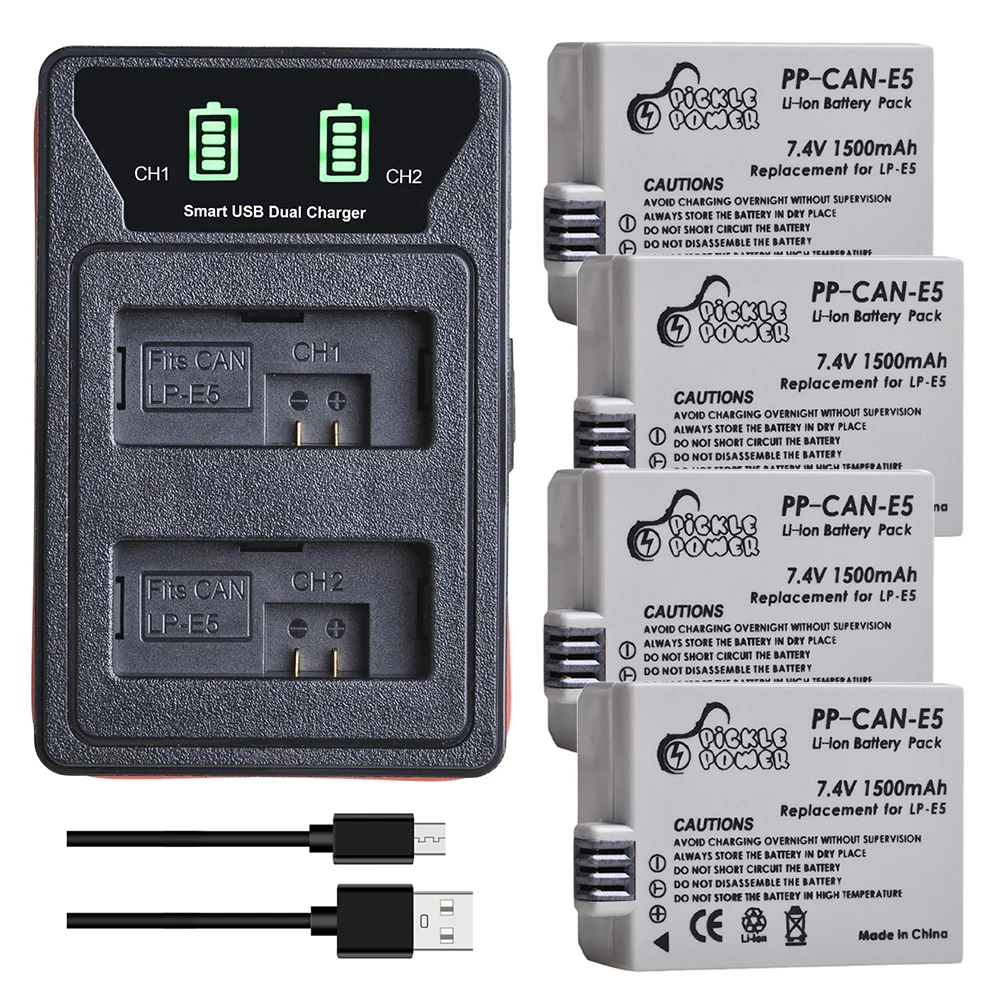 

Pickle Power 1500mAh Battery For Canon EOS Rebel XS,Rebel T1i,Rebel XSi 1000D 450D,Kiss X3,X2,FLP-E5 LP E5 LED USB Dual Charger