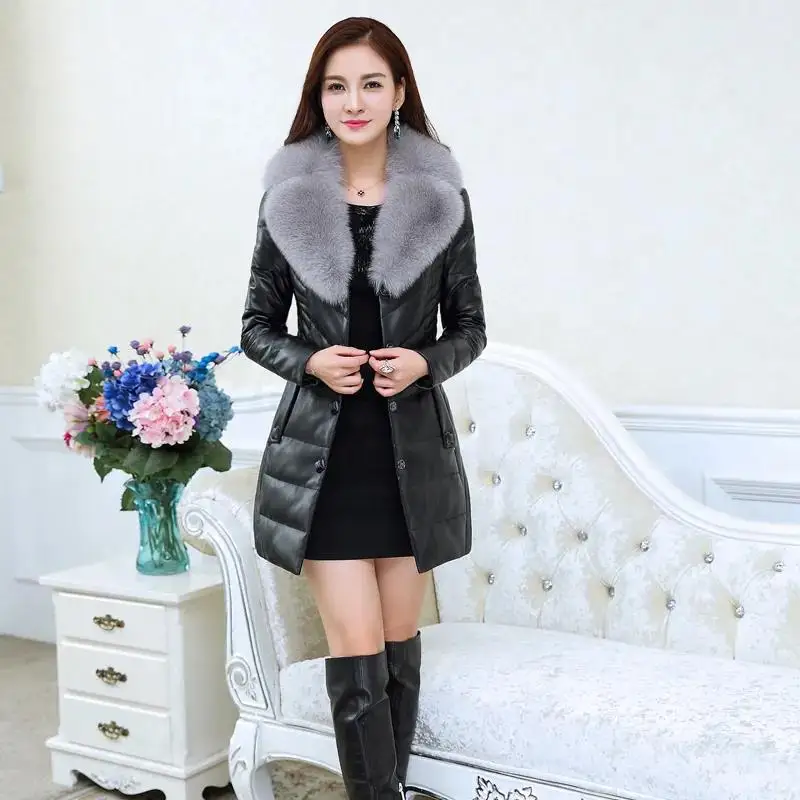 2023 Winter Black Leather Coat Women Lmitation Fur Cotton Jacket Mid-Length 5XL Elegant Fur Collar Leather Overcoat Female